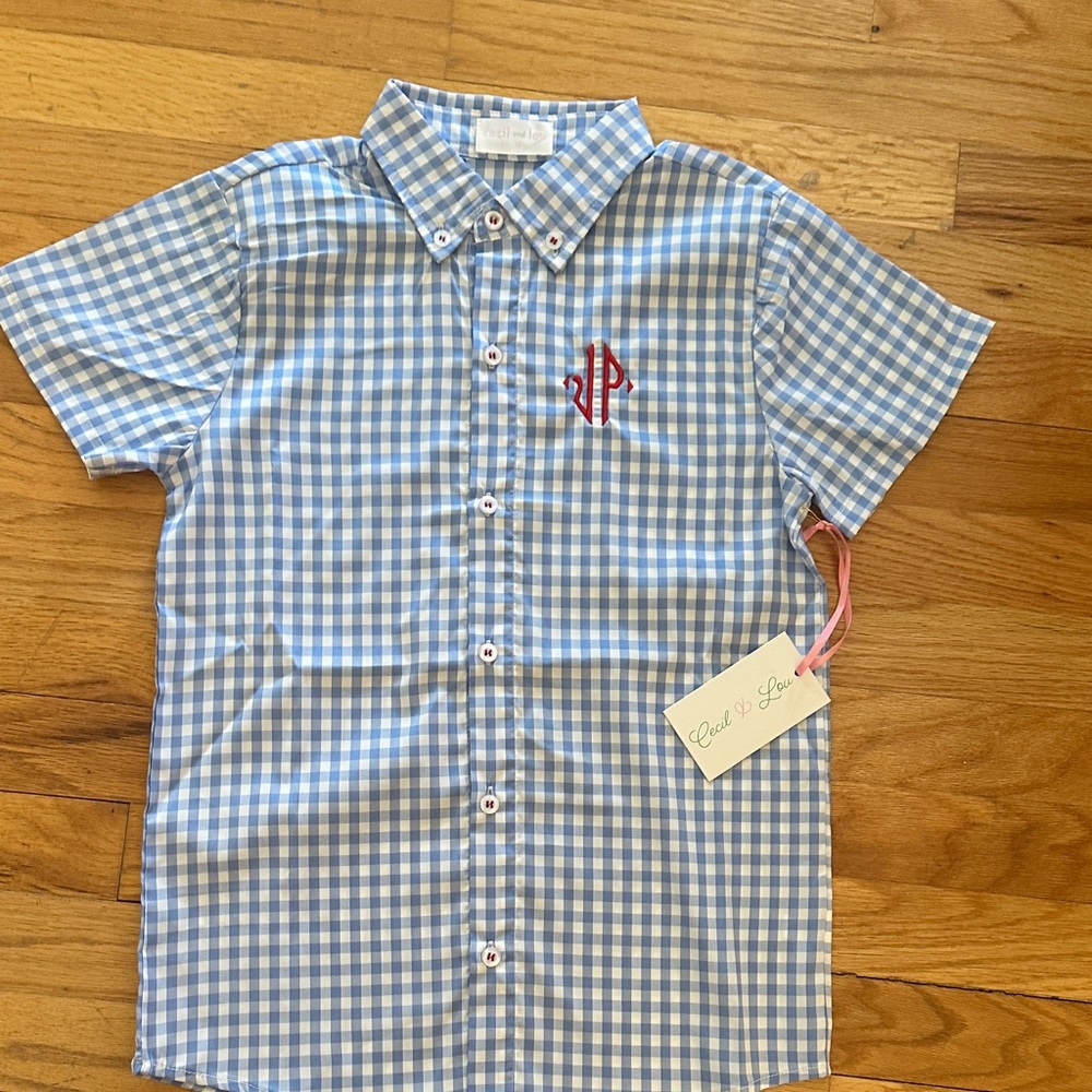 Classic Blue Gingham Kids Button-Down Shirt embroidered “JP” NWT